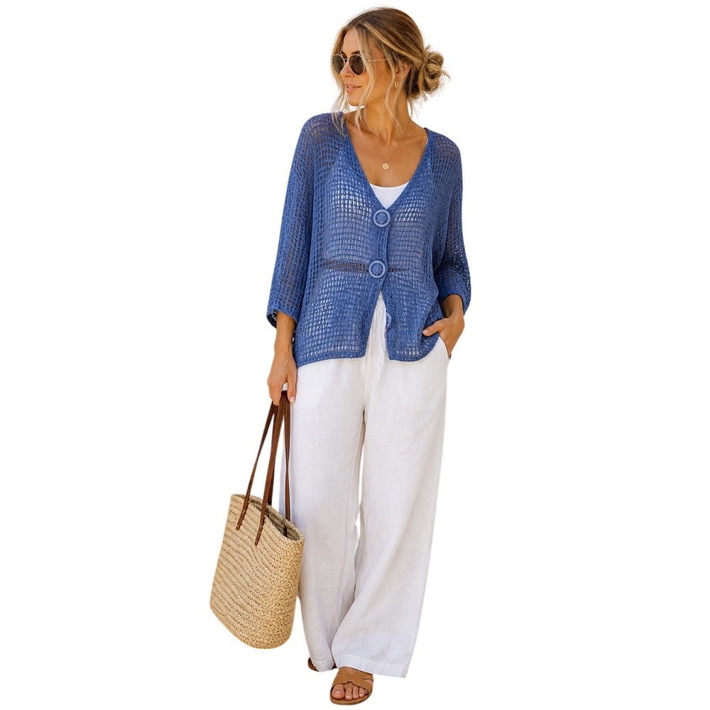 Keren Hart Periwinkle Blue Open Knit Mesh Cardigan V-Neck Ring Button XL